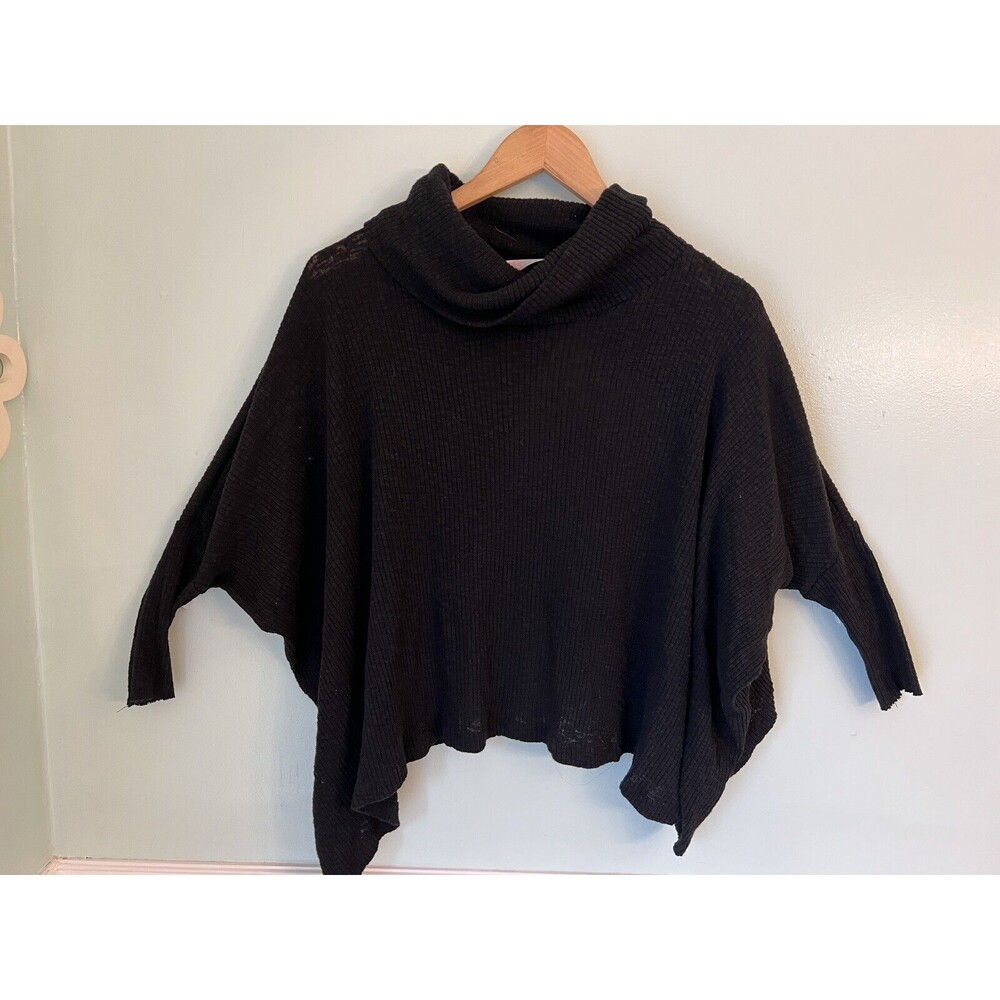 Free People Small FP Beach Boho Black Sweater Cowl Neck Light Poncho Shawl Wrap
